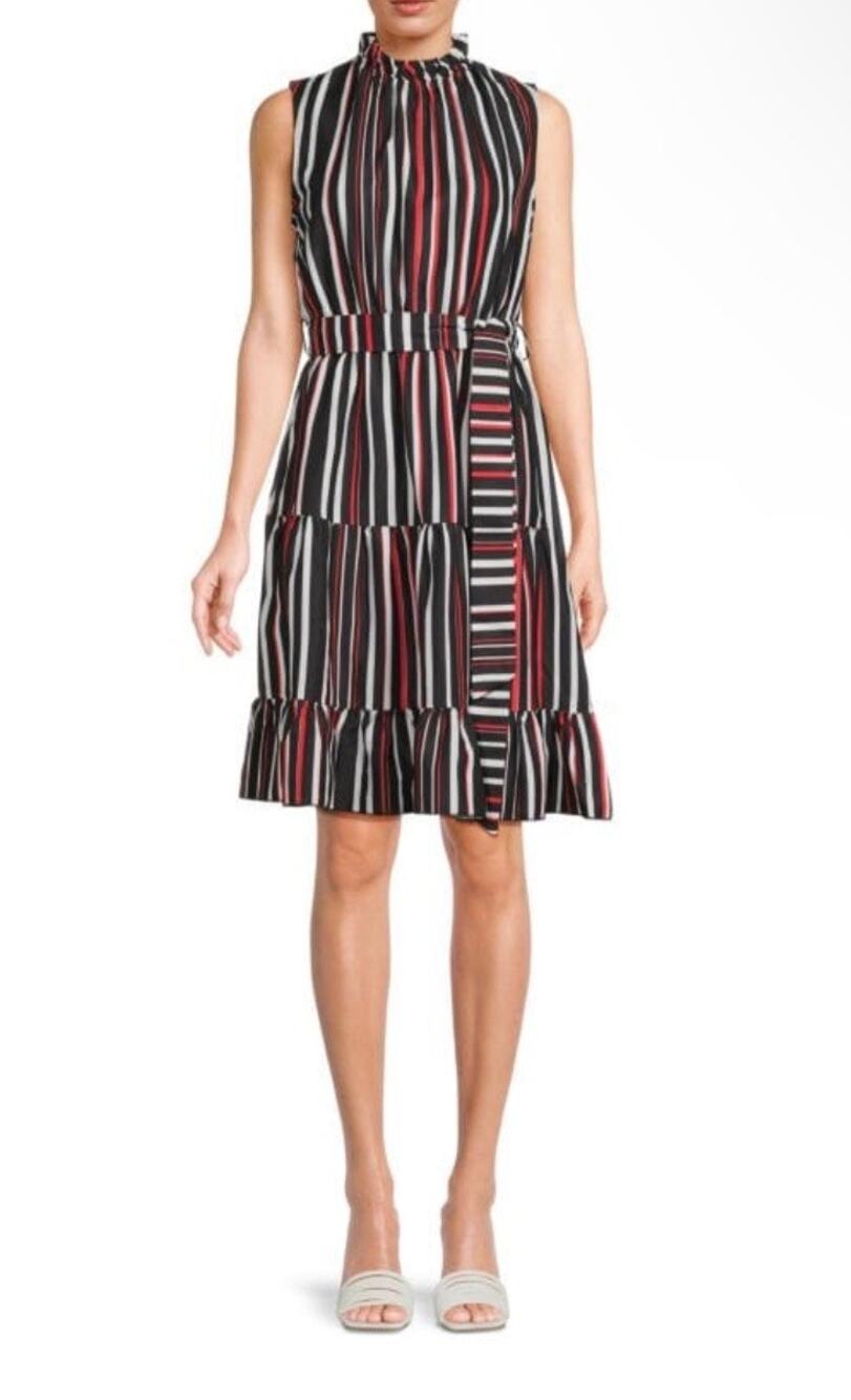 Area Stars Striped Belted Tiered Dress L Midi Holiday Party Workwear Sleeveless
